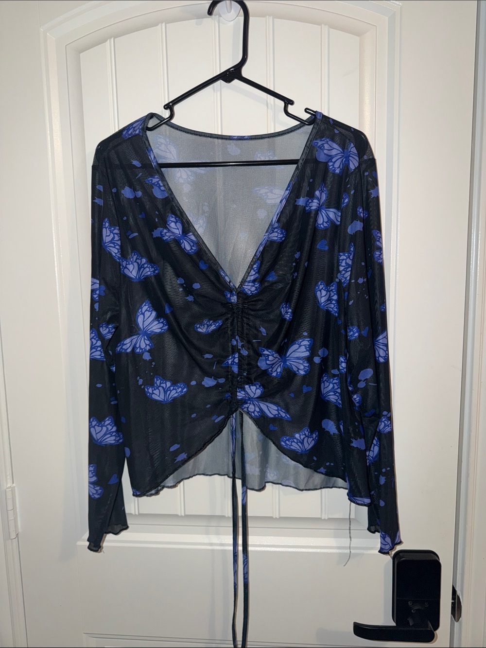 SHEIN Black Sheer Long-Sleeve Top with Blue Butterfly Print